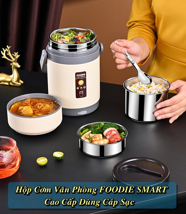 Hộp cơm văn phòng FOODIE SMART inox giữ nhiệt hâm nóng và tự nấu chín thức ăn, Cà Men Đựng Cơm Đi Làm - Home and Garden