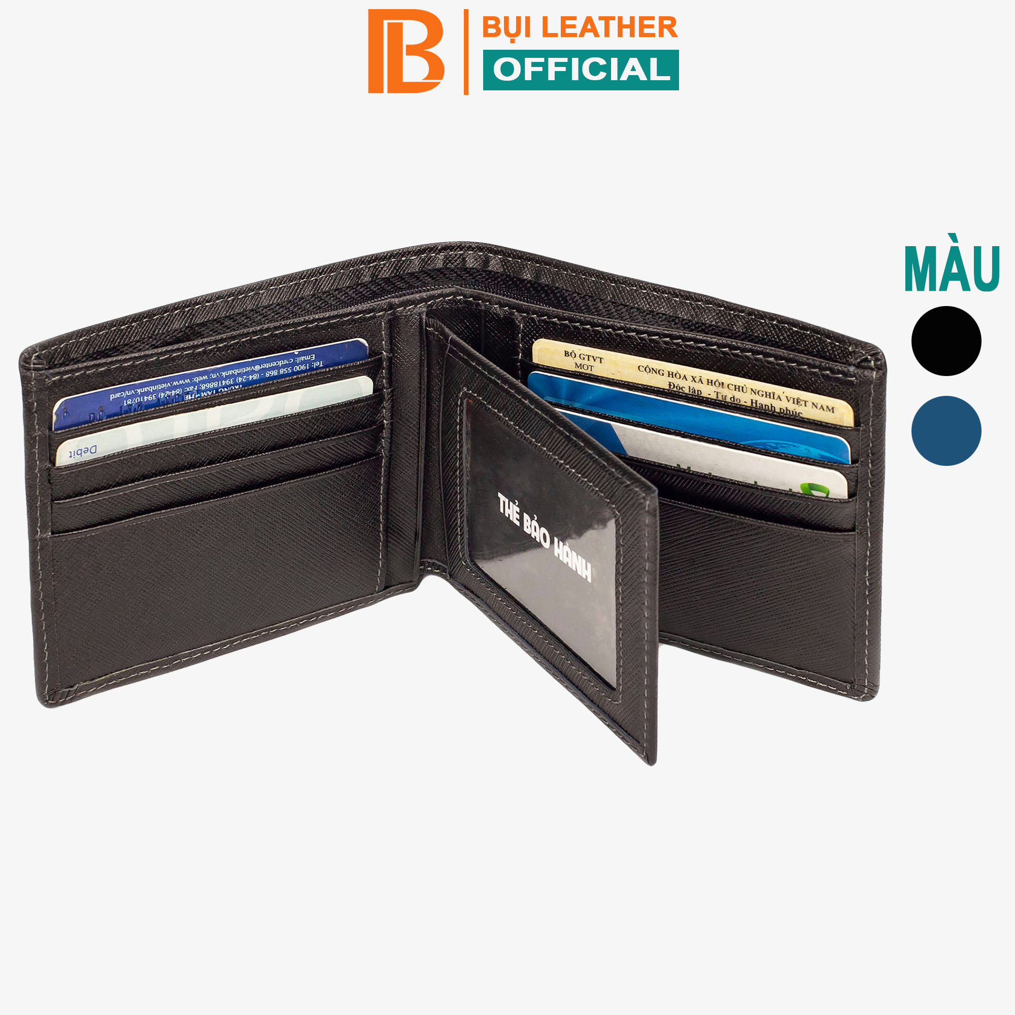 Ví Nam, Bóp Nam Da Bò Saffiano Bụi Leather V141 - Bảo Hành 12 Tháng - Ngang Đen