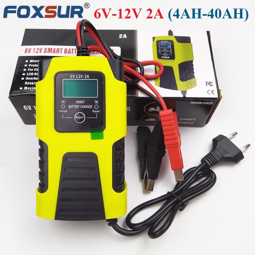 Sạc bình ắc quy Foxsur 6V 12V 2A (4ah-40ah) tự ngắt khi đầy, chức năng phục hổi ắc quy, khử sunfat, chống ngược cực