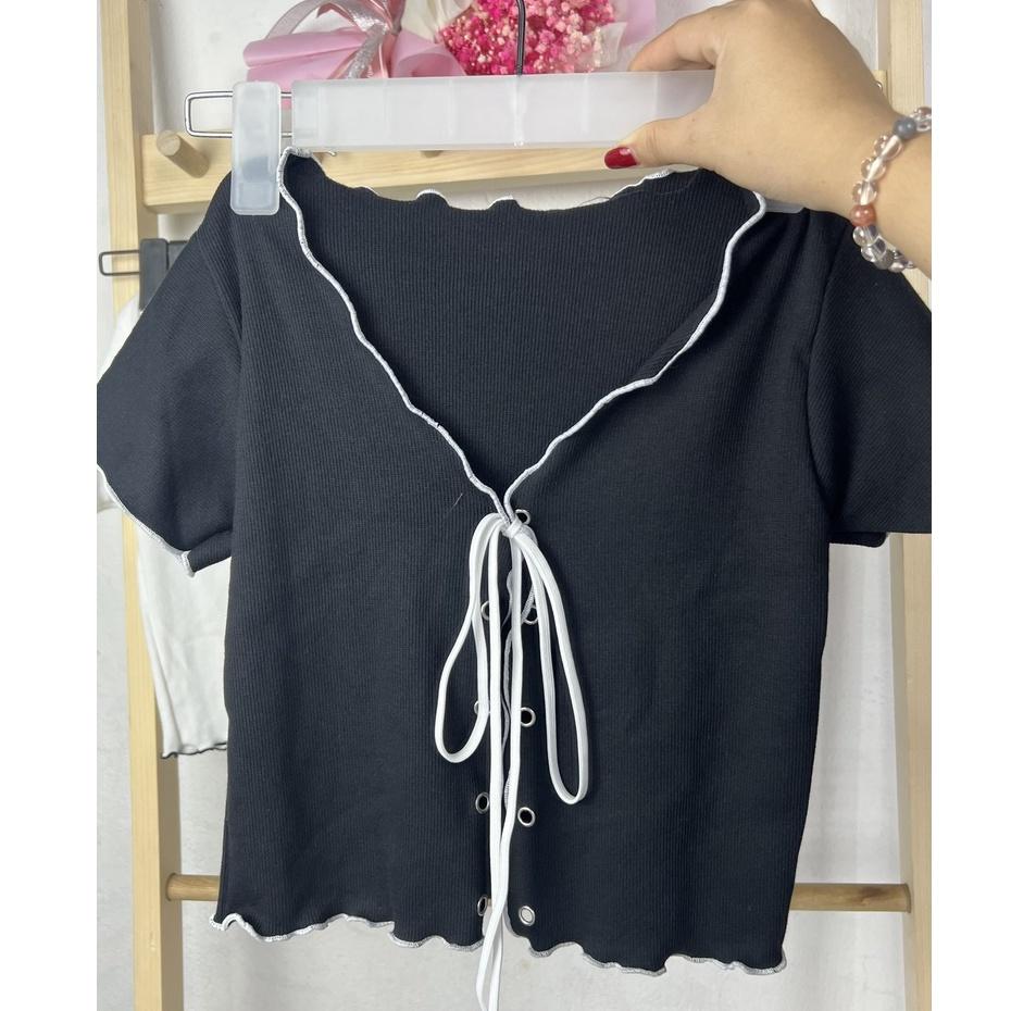 Áo croptop kiểu nữ tay ngắn phong cách Hàn quốc thiết kế đan dây trước ngực- AO081