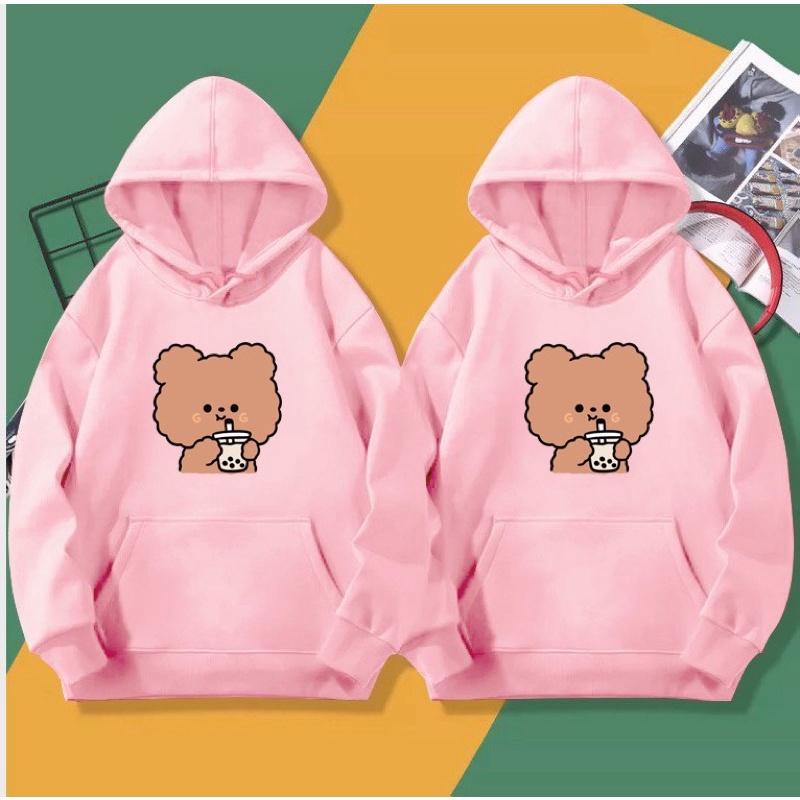 Áo hoodie nam nữ in gấu nâu uống trà sữa