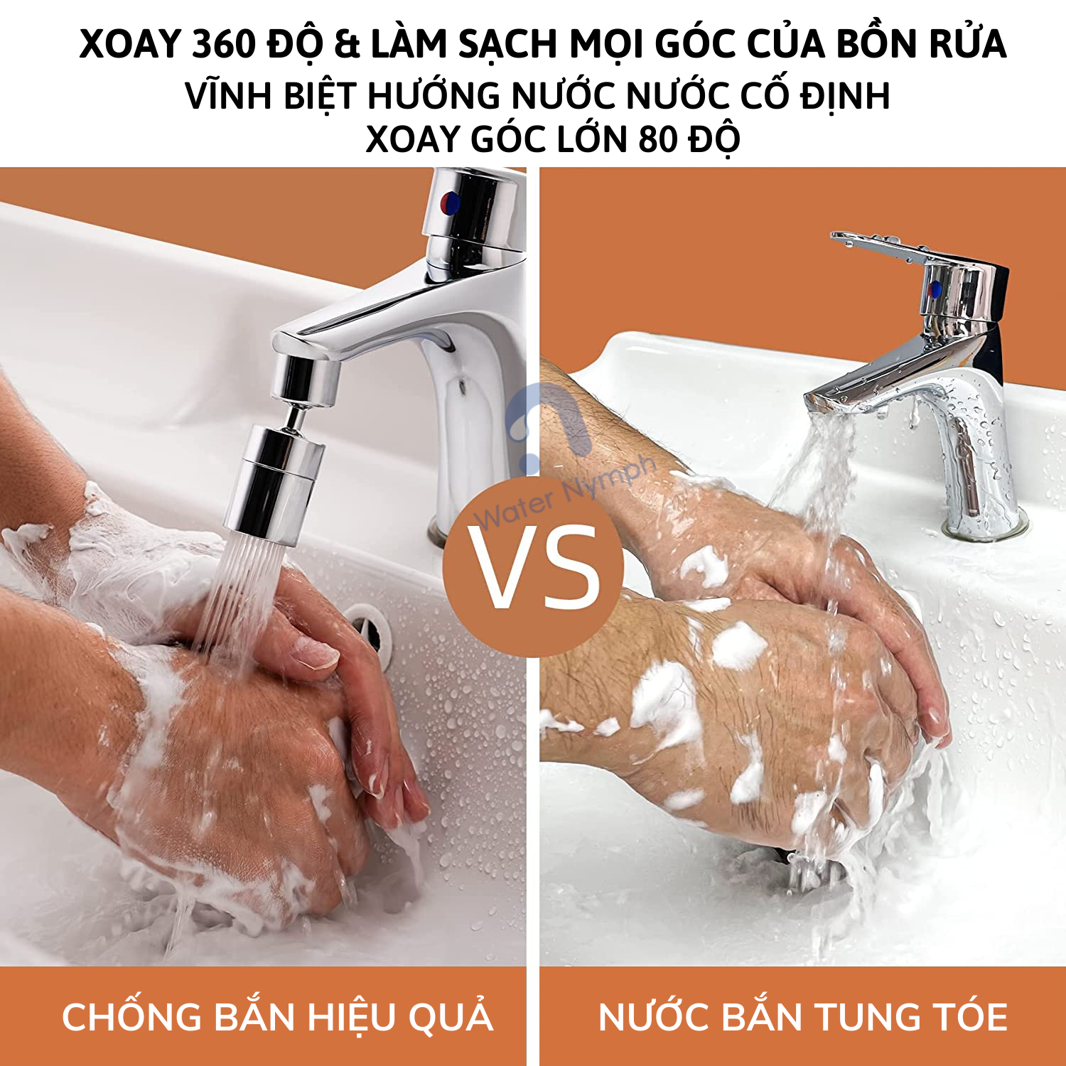 Đầu vòi rửa bát tăng áp, xoay 360 độ Waternymph tạo bọt, chống bắn, 2 chế độ phun tiện ích (tặng kèm bộ ren 6 món