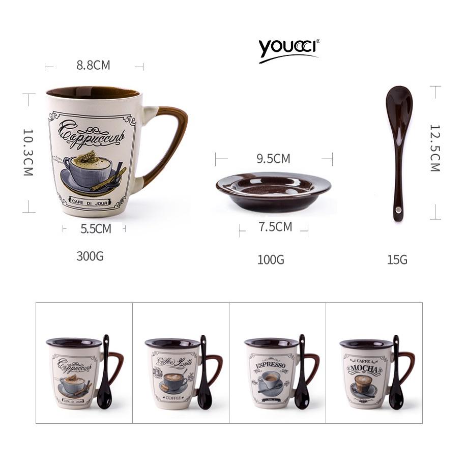 Cốc sứ uống trà, cafe tặng kèm nắp và thìa phong cách vintage 355ml