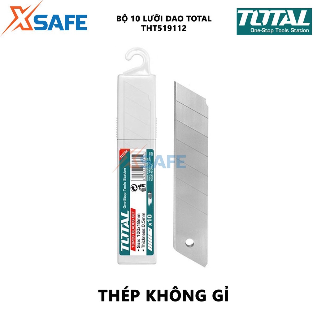 Bộ 10 lưỡi dao rọc giấy TOTAL THT519112 Bộ lưỡi dao rọc giấy size 18x100mm, dùng rọc giấy, cắt bìa carton, v.v.