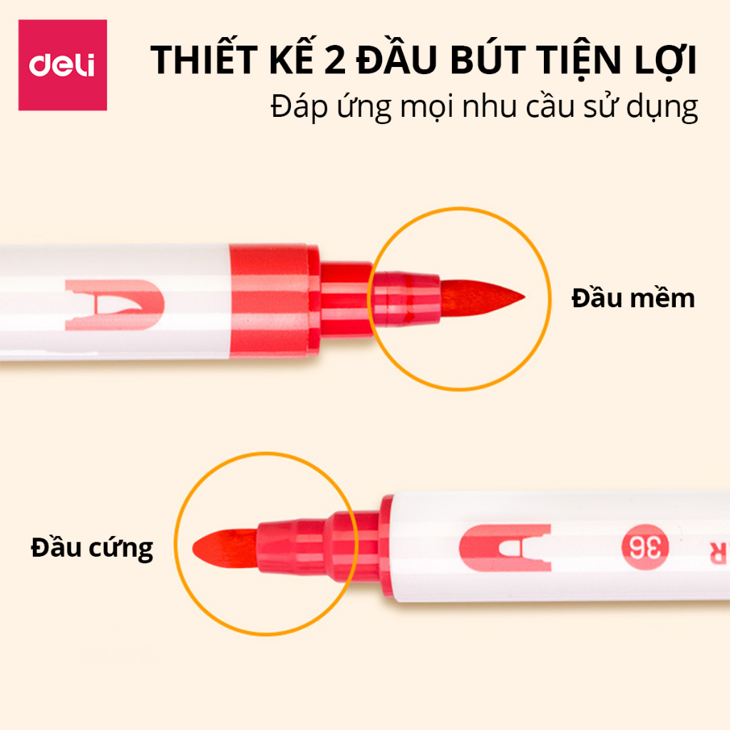 Bút Sơn Acrylic Marker 2 Đầu Cao Cấp Deli - Kèm Hộp Nhựa - 12/24/36/48 Màu Đậm, Đều - Tô Màu Đi Nét DIY Vẽ Giày Quần Áo