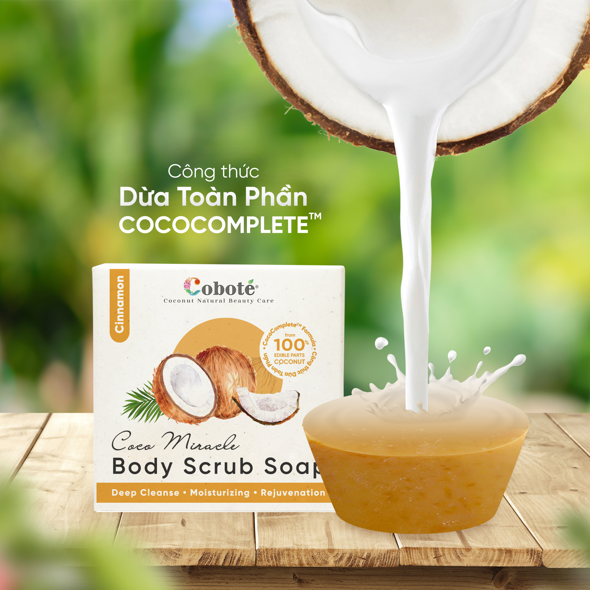 Xà Bông Dừa Tẩy Tế Bào Chết Cobote - Vỏ Quế - 100% Thiên Nhiên, Trắng, Mịn, Sạch, Thơm - Công Thức Độc Quyền Từ Dừa