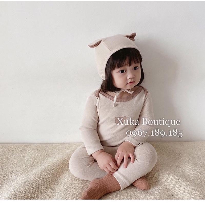 Bodysuit Dài Tay Kèm Mũ Tai Thỏ Cho Bé, Bodysuit Sơ Sinh Dài Tay Cotton Quảng Châu Cao Cấp Bé Trai Bé Gái