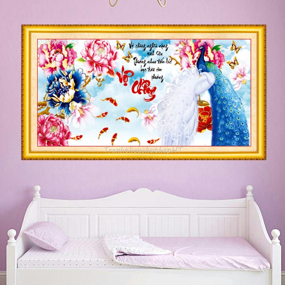 Tranh đính đá - Tranh thêu chữ thập vợ chồng chim công hoa mẫu đơn - size: 103*50cm (tự thêu)