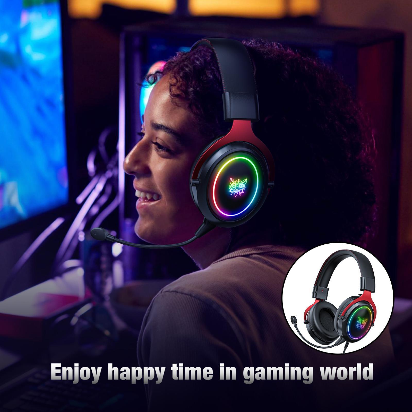 Wired Gaming Headsets RGB LED Headphones Detachable Mic for Black Red
