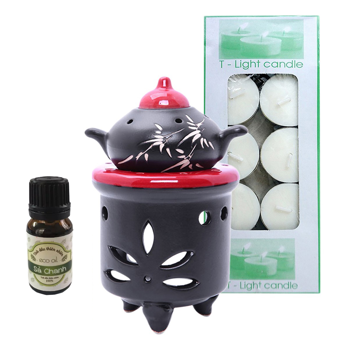Combo đèn xông tinh dầu hình ấm 06 kèm tinh dầu sả chanh Eco 5ml và 10 viên nến