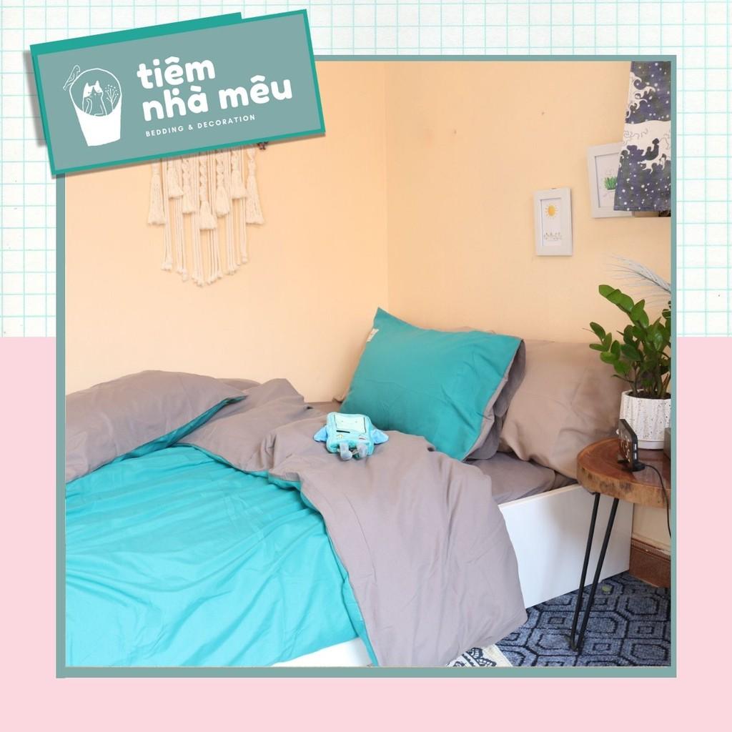 Bộ Chăn Ga Gối Cotton TC Nhập Hàn m6/m8/2m - Tiệm Nhà MêuSet 4 Món 2 Vỏ gối ,drap , vỏ chăn - Màu Xanh Coban Ga Xám