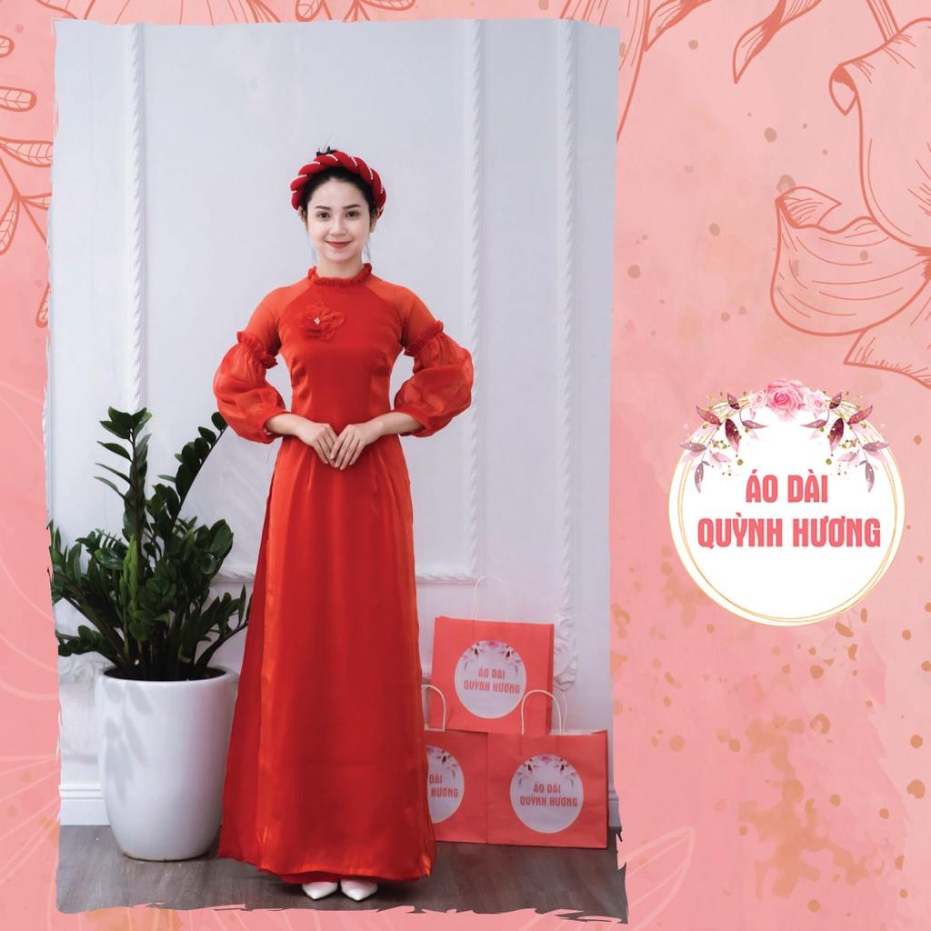 Áo dài voan tơ đỏ tay bồng chun cách điệu