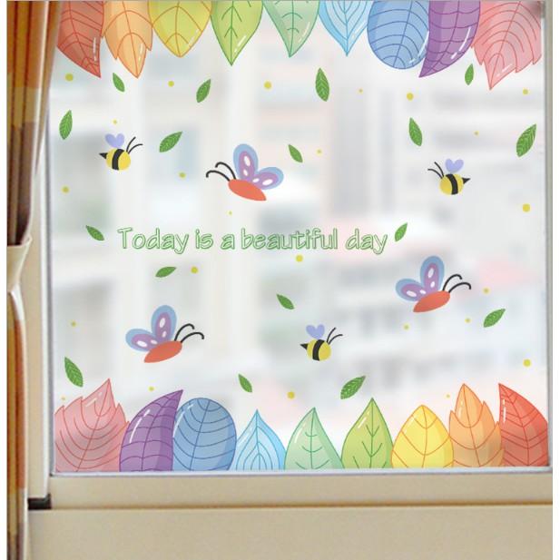 Decal dán kính cao cấp - Viền Lá Sắc Màu