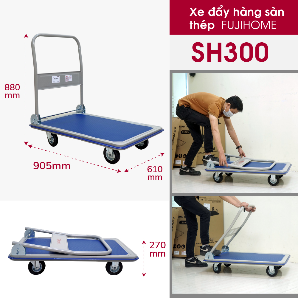 Xe đẩy hàng 4 bánh gấp gọn 250kg sàn thép nhập khẩu FUJIHOME SH300,, bánh xe chống ồn