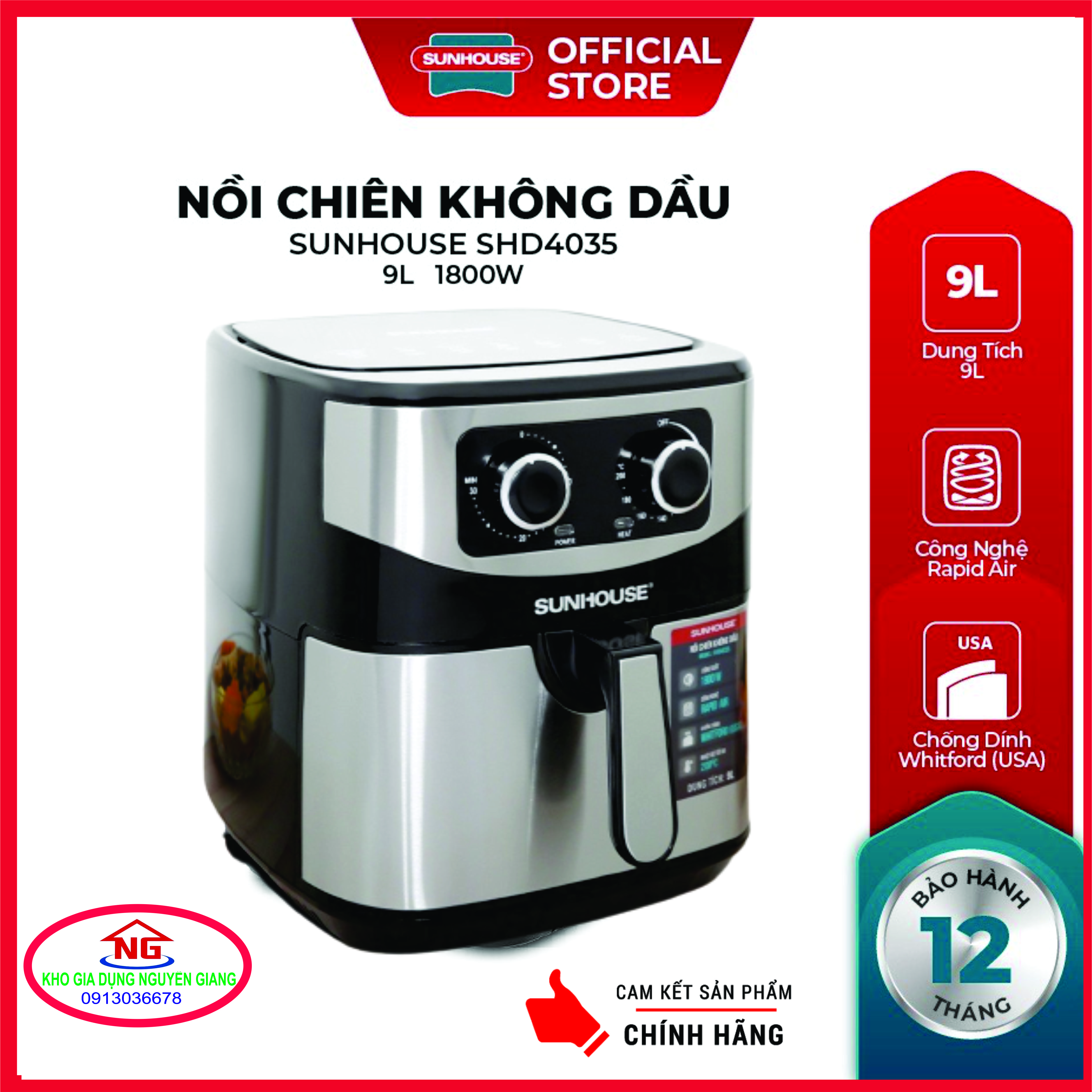 Nồi chiên không dầu Sunhouse SHD4035 (9.0 Lít) - Hàng chính hãng