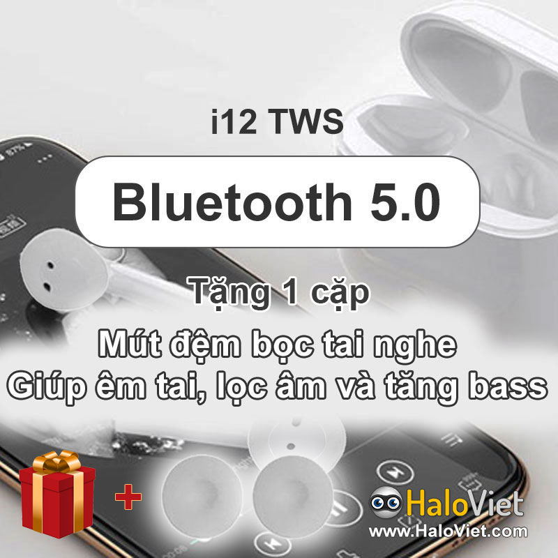 Tai nghe không dây bluetooth i12 / Inpods 12 TWS v5.0 - Tặng 1 cặp mút đệm bọc tai nghe, giúp êm tai, lọc âm & tăng bass