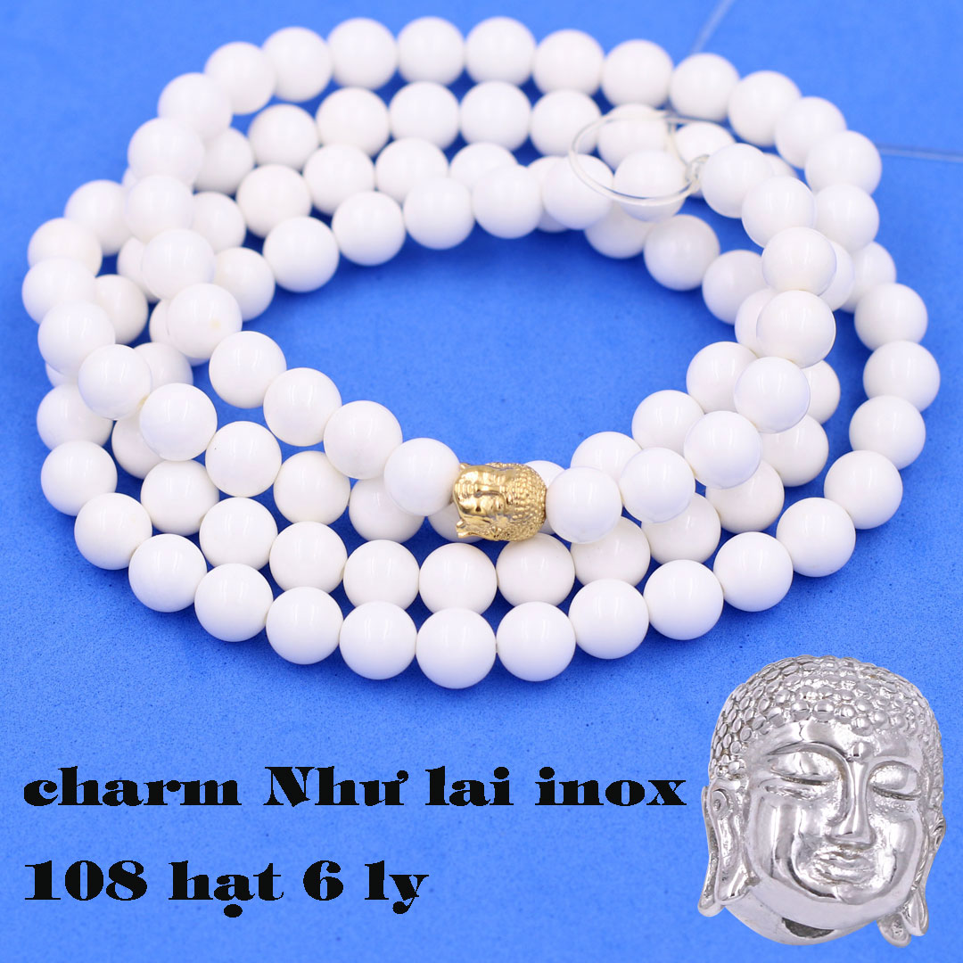 [Mệnh Kim, Thủy] Bộ Vòng Chuỗi, Tràng Hạt 108 Hạt 6 Ly Đá San Hô Trắng Charm Phật A Di Đà Inox - Tràng Chuỗi Niệm Phật - An Yên - Thịnh Vượng - May Mắn - Tài Lộc