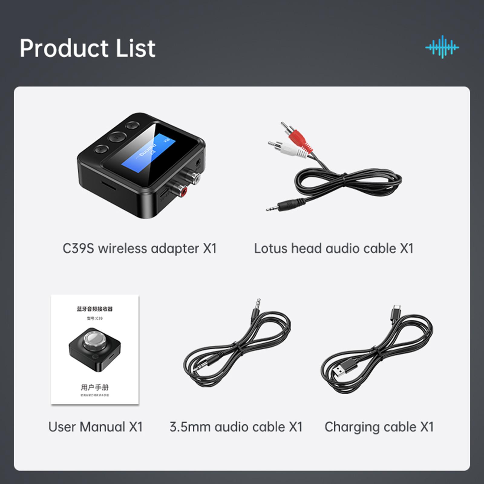 C39S BT 5.0 Audio Receiver Transmitter LCD Display For Car TV PC Headphone 3.5MM AUX Stereo MP3 Player Wireless Adapter