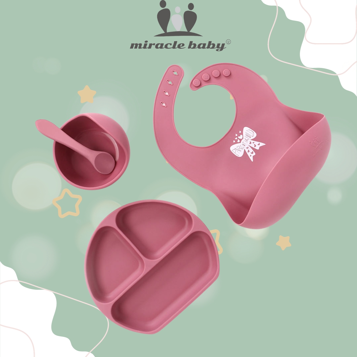 Combo 4 món ăn dặm Miraclebaby bát/chén-khay-yếm-muỗng/thìa-ly/cốc silicone cao cấp có đế hít chống đổ