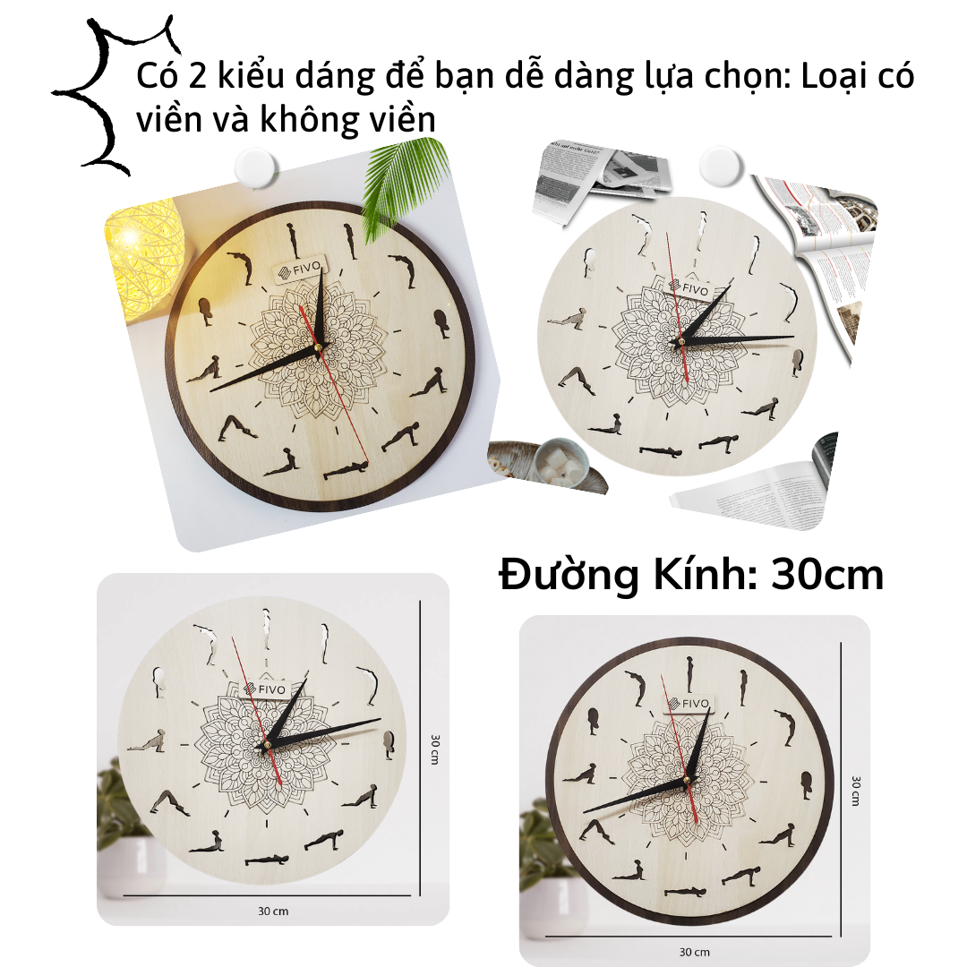 Đồng Hồ Treo Tường Gỗ Đẹp Decor Trang Trí, Hiện Đại Thương Hiệu FIVO Mẫu FW09 Trang Trí Phòng Khách Hình Tròn Họa Tiết Yoga