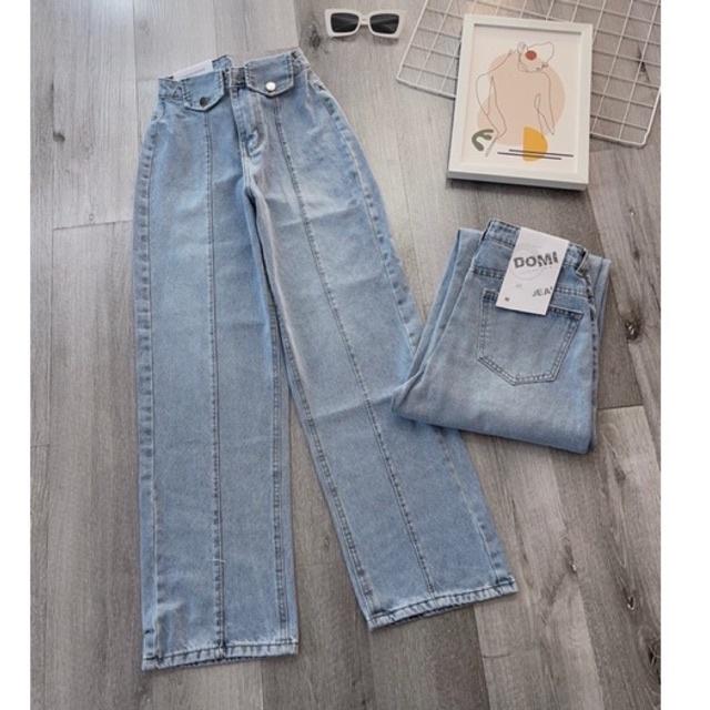 Quần Jeans Bò Nữ Aiori Ống Rộng Cạp Cao Nắp Túi Kiểu Bò Suông Phong Cách Thời Trang Hàn Quốc_3357