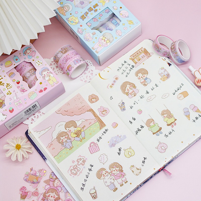 Hộp Washi Tape Trang Trí Sổ Tay set 5 Cuộn Băng Dính Và Bộ Hình Dán Sticker Siêu Kute