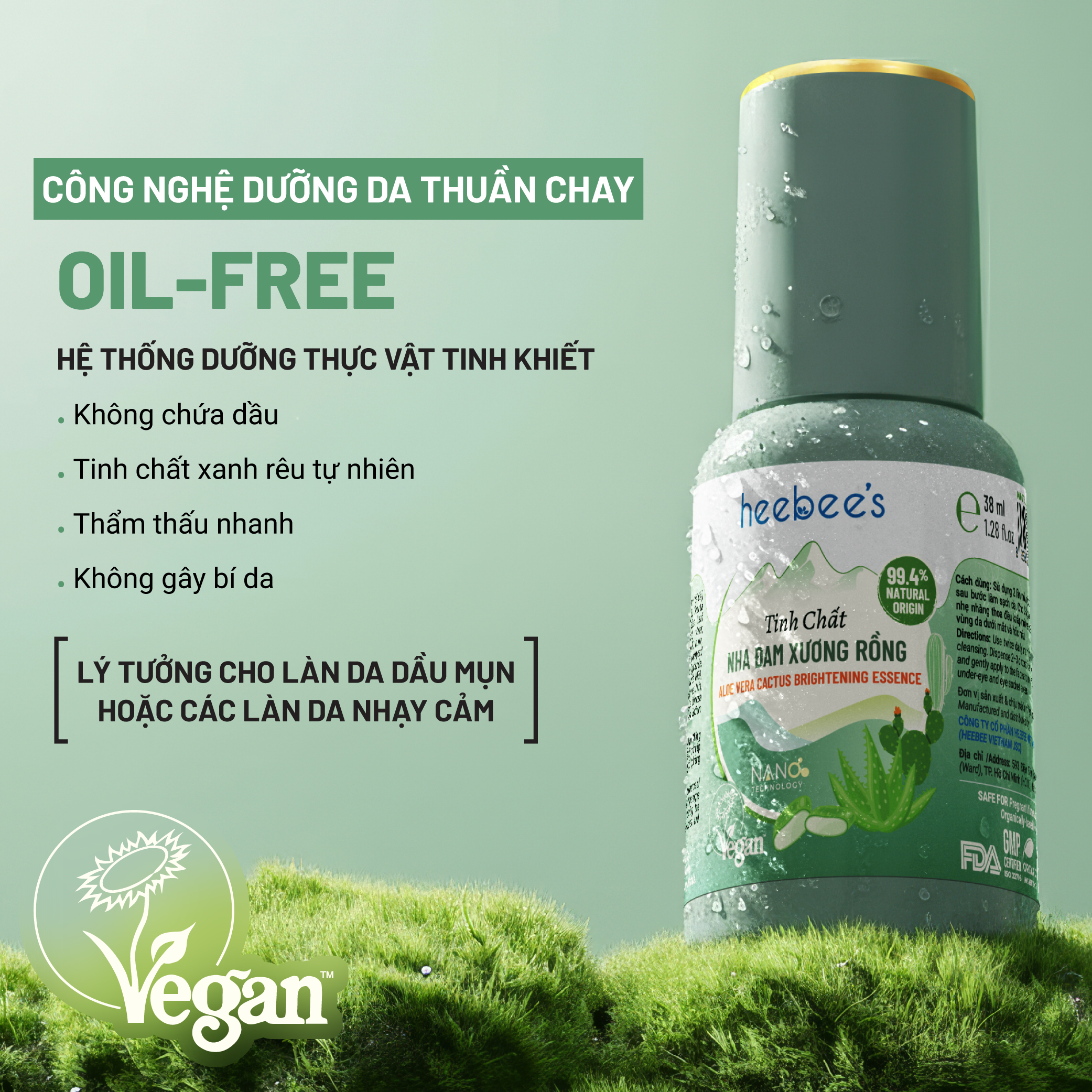 Tinh Chất Serum Thuần Chay Nha Đam Xương Rồng Heebee’s Aloe Vera Cactus Brightening Serum Dưỡng Trắng, Cấp Ẩm, Trị Mụn, Se Khít Lỗ Chân Lông, Ngừa Lão Hóa 38ml