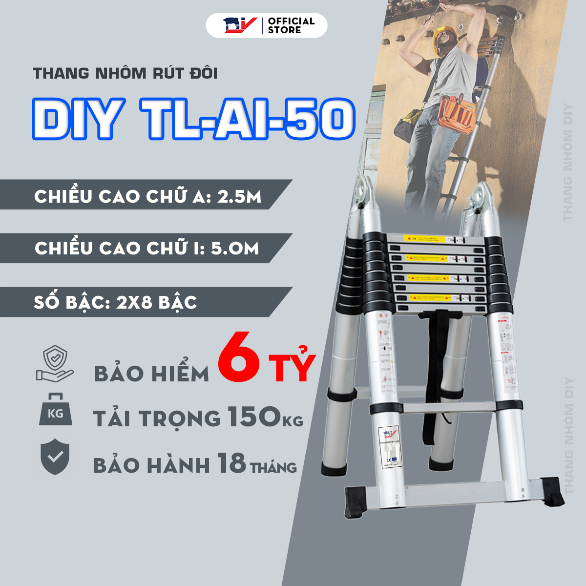 Hình ảnh Thang nhôm rút đôi DIY TL-AI-50  chiều cao sử dụng tối đa chữ A 2.4m chữ I 5.0m - Tiêu chuẩn chất lượng an toàn Châu Âu