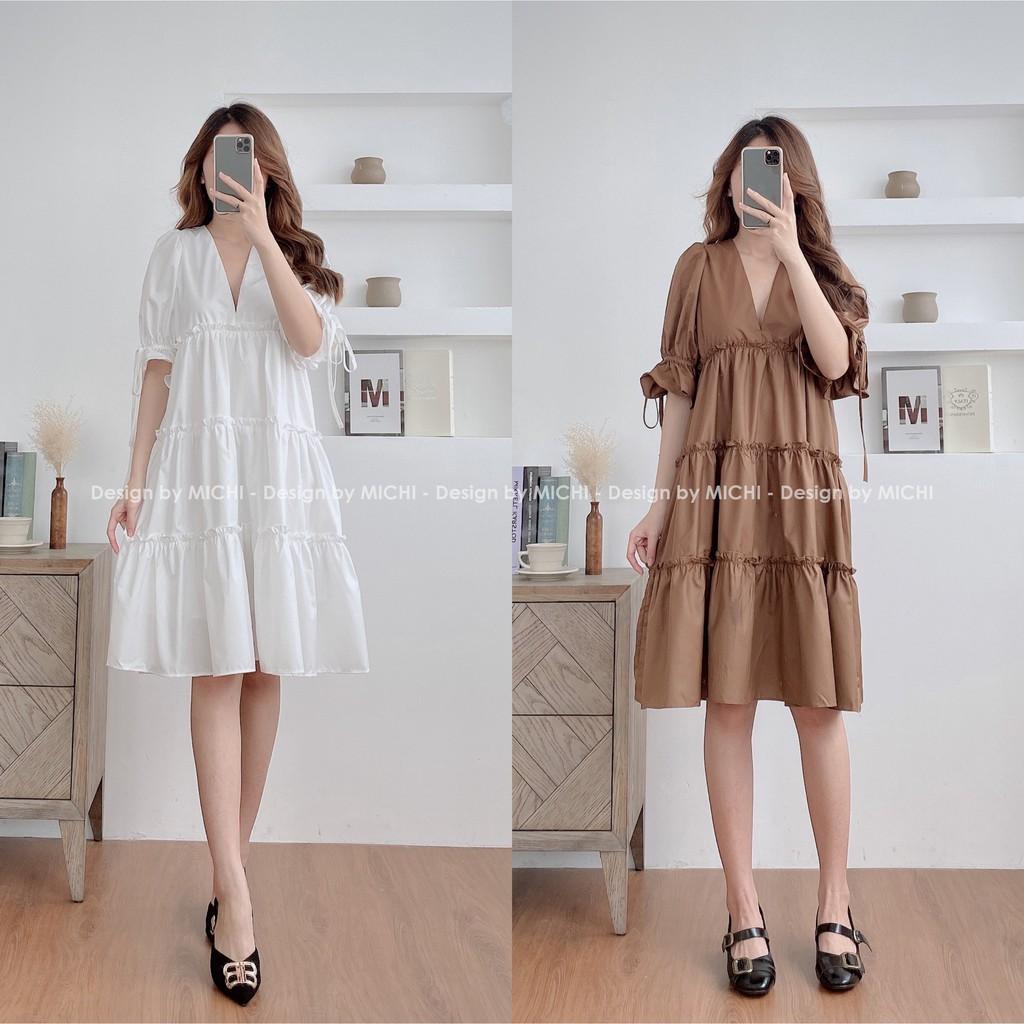 Váy suông dự tiệc babydoll cổ V, dáng xuông xòe dễ thương, freesize, đầm thiết kế tay phồng bo chun - Michi's House