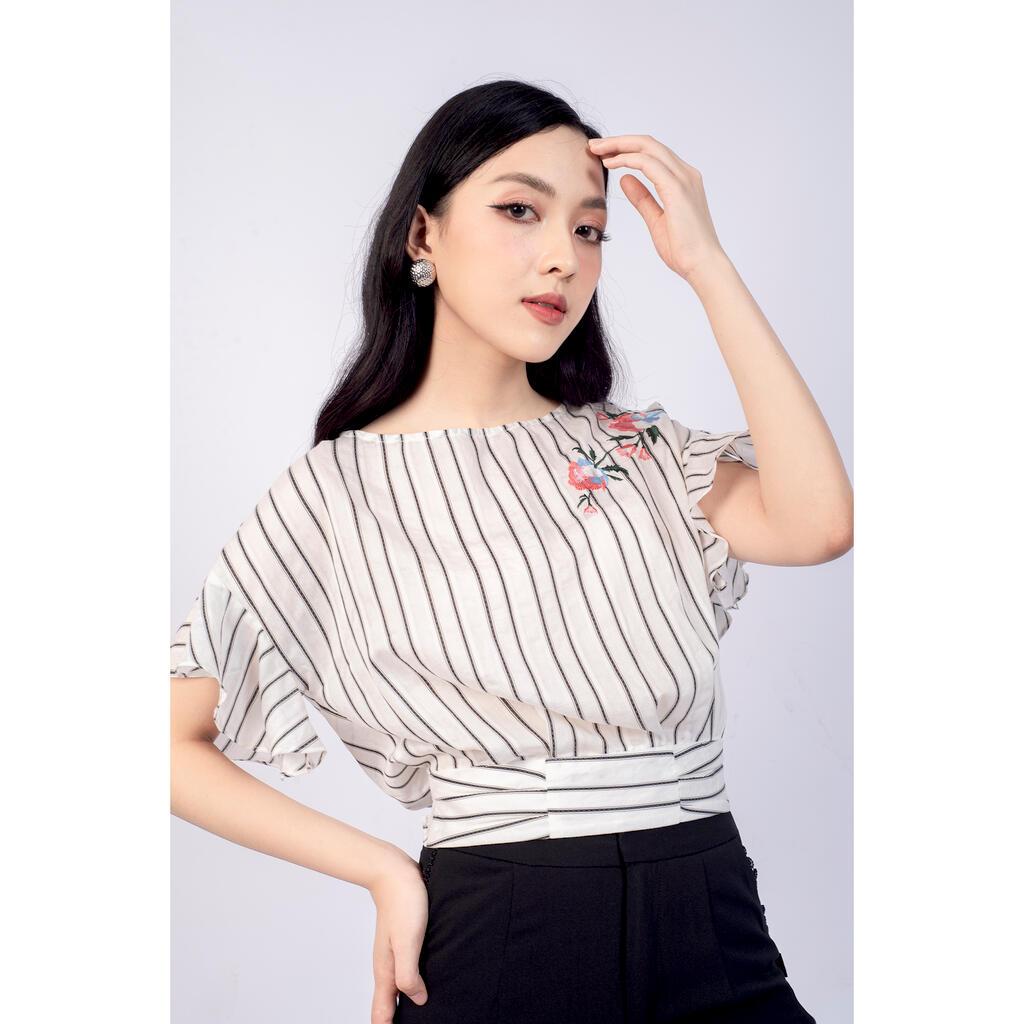 Áo sơ mi cổ tròn, croptop thêu hoa MMOutfit M-AO020321116