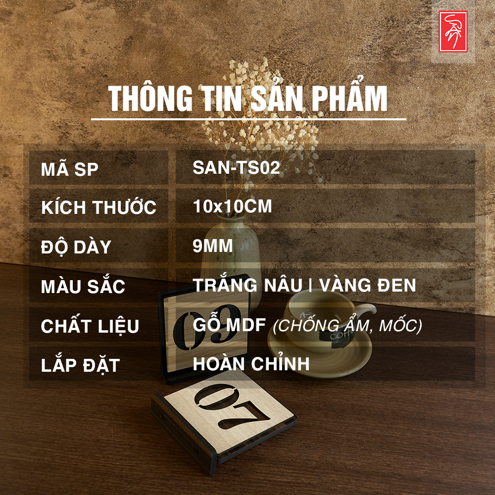 Bảng số bàn gỗ SAN-TS02: Sử dụng đánh số bàn cho quán cafe, trà sữa, quán bán đồ ăn uốn