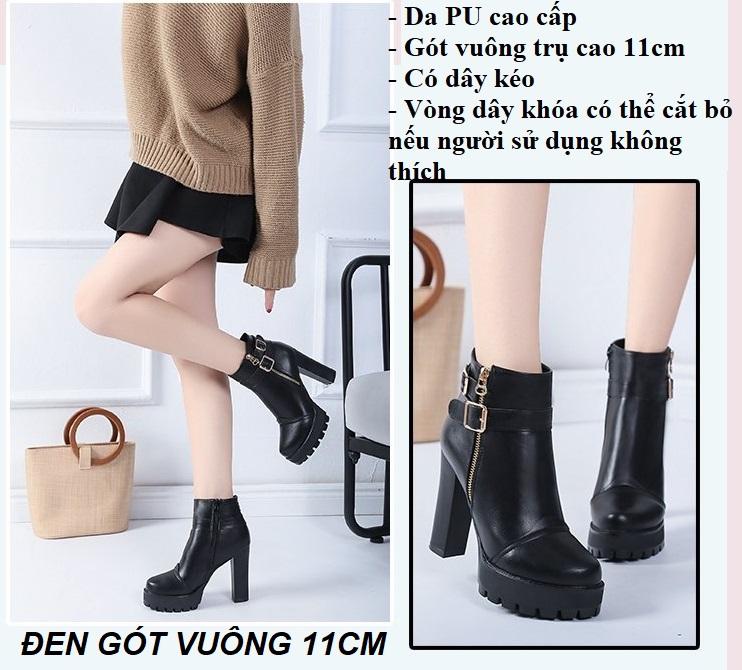 Giày boot gót vuông, bốt nữ cao gót 11 phân vòng dây khóa vàng sang trọng cá tính êm chân S017
