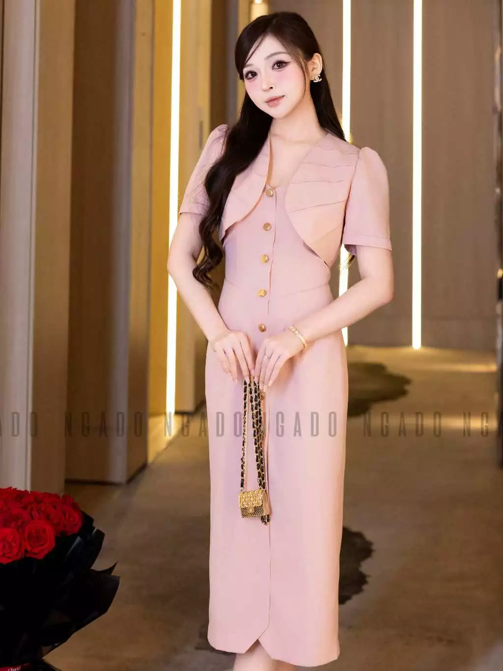 Đầm hồng xẻ vạt NGADO , đầm dự tiệc , đầm bút chì dáng dài