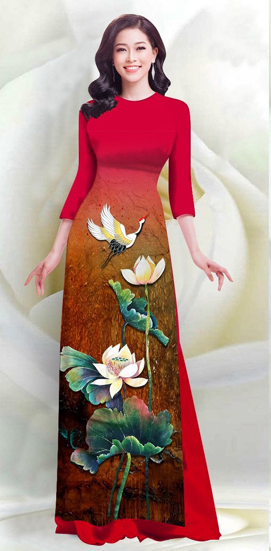 Áo dài in 4D hoa Sen hạc - AD 11