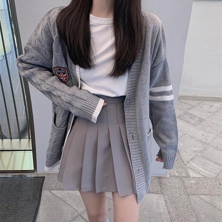 Áo Cardigan Len Trơn Thừng Logo Chất Dày Dáng Dài Xám