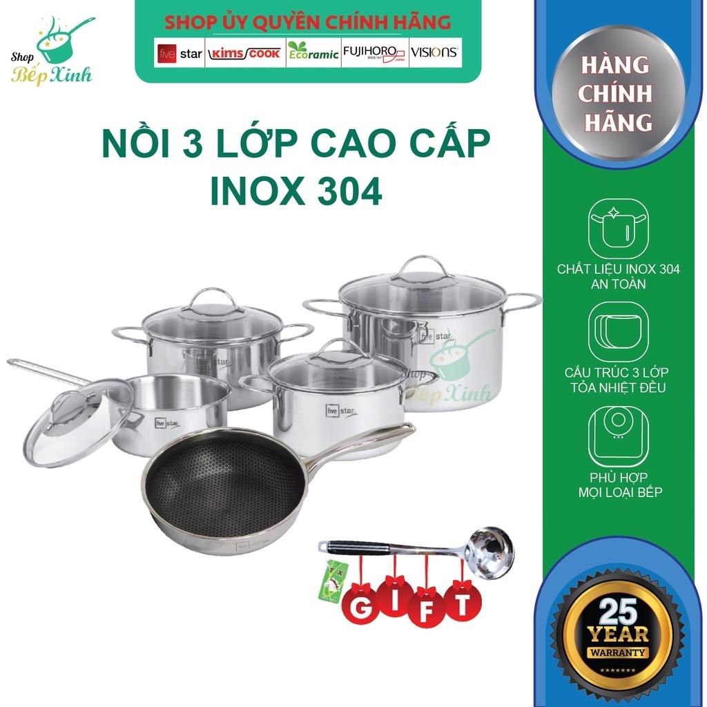 Bộ nồi chảo chống dính tổ ong sâu lòng 3 lớp đáy liền inox 304 Fivestar Plus 5 món quai oval nắp kính , tặng 1 vá canh