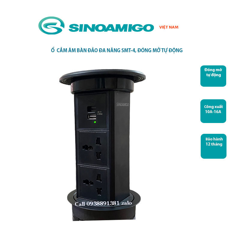 Ổ điện âm bàn đảo bếp hình trụ Sinoamigo SMT-4, nâng hạ tự động, tích hợp sạc không dây - Hàng nhập khẩu chính hãng