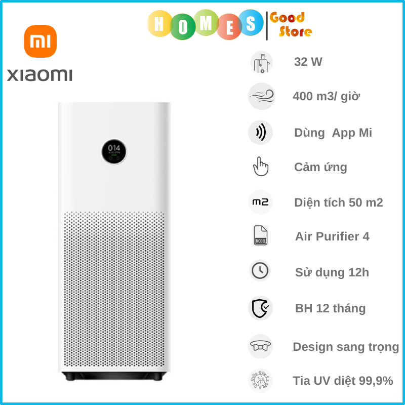 Máy Lọc Không Khí XIAOMI Mi Air Purifier 4, Cảm Ứng Khử UV, Kết Nối App, Phù Hợp Không Gian 50 m2 - Hàng Chính Hãng