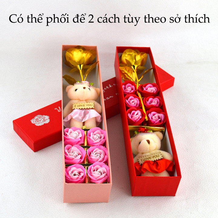 Hộp quà 6 bông và cây hoa hồng mạ vàng có gấu kèm chữ I Love You - Quà tặng bạn gái lễ tình nhân valentine 14/2