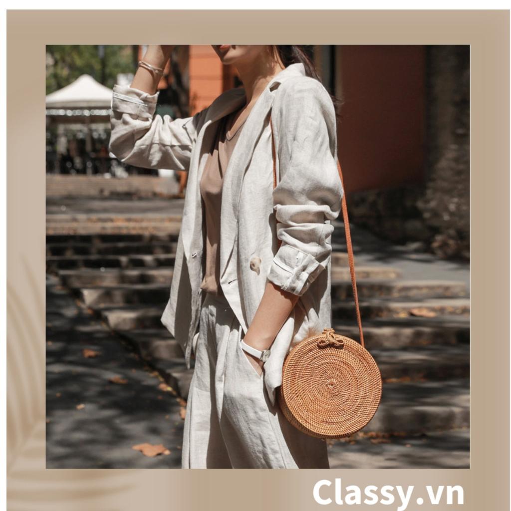 Túi mây tre đan Classy Việt Nam đi biển hình tròn bằng mây tre đan cao cấp, kiểu dáng Vintage T330