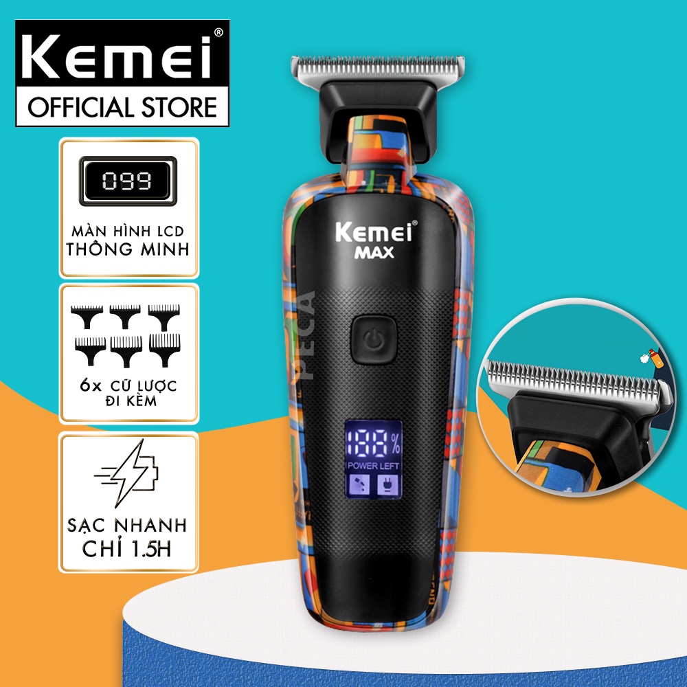 Tông đơ chấn viền cao cấp Kemei KM-MAX5090 phiên bản trend màn hình LCD hiển thị sạc nhanh USB có thể cắt tóc, cạo đầu, fade trắng chân tóc, bấm viền