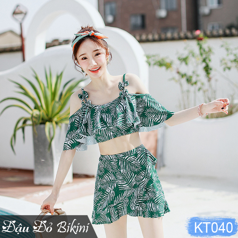 Bộ bơi 2 mảnh nữ áo bèo sen nữ tính, áo tắm bikini quần váy điệu đà, chất thun bơi lạnh cao cấp Lycra dày dặn mịn mát, phom chuẩn đẹp | KT040