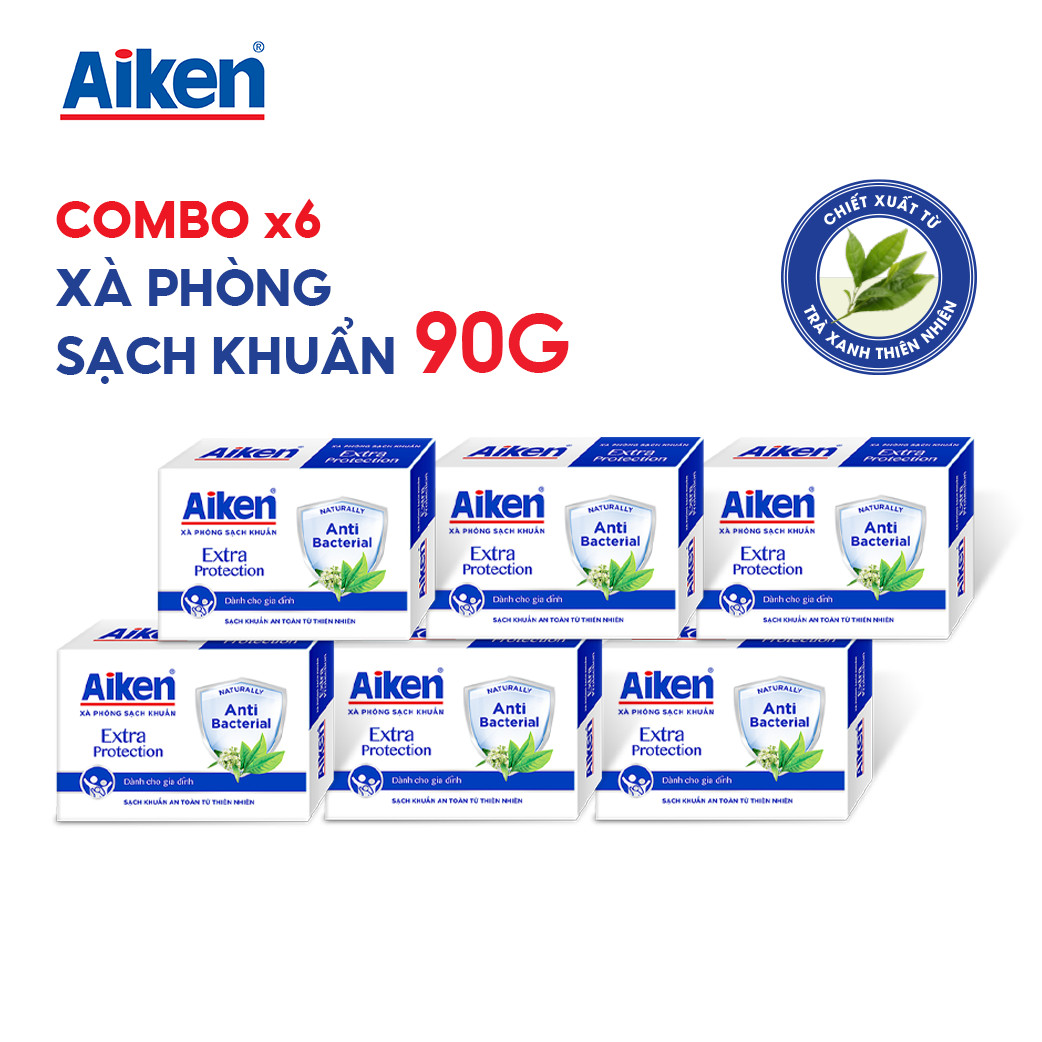 Aiken Combo 6 Xà Phòng Sạch Khuẩn Chiết Xuất Trà Xanh Thiên Nhiên 90G/hộp