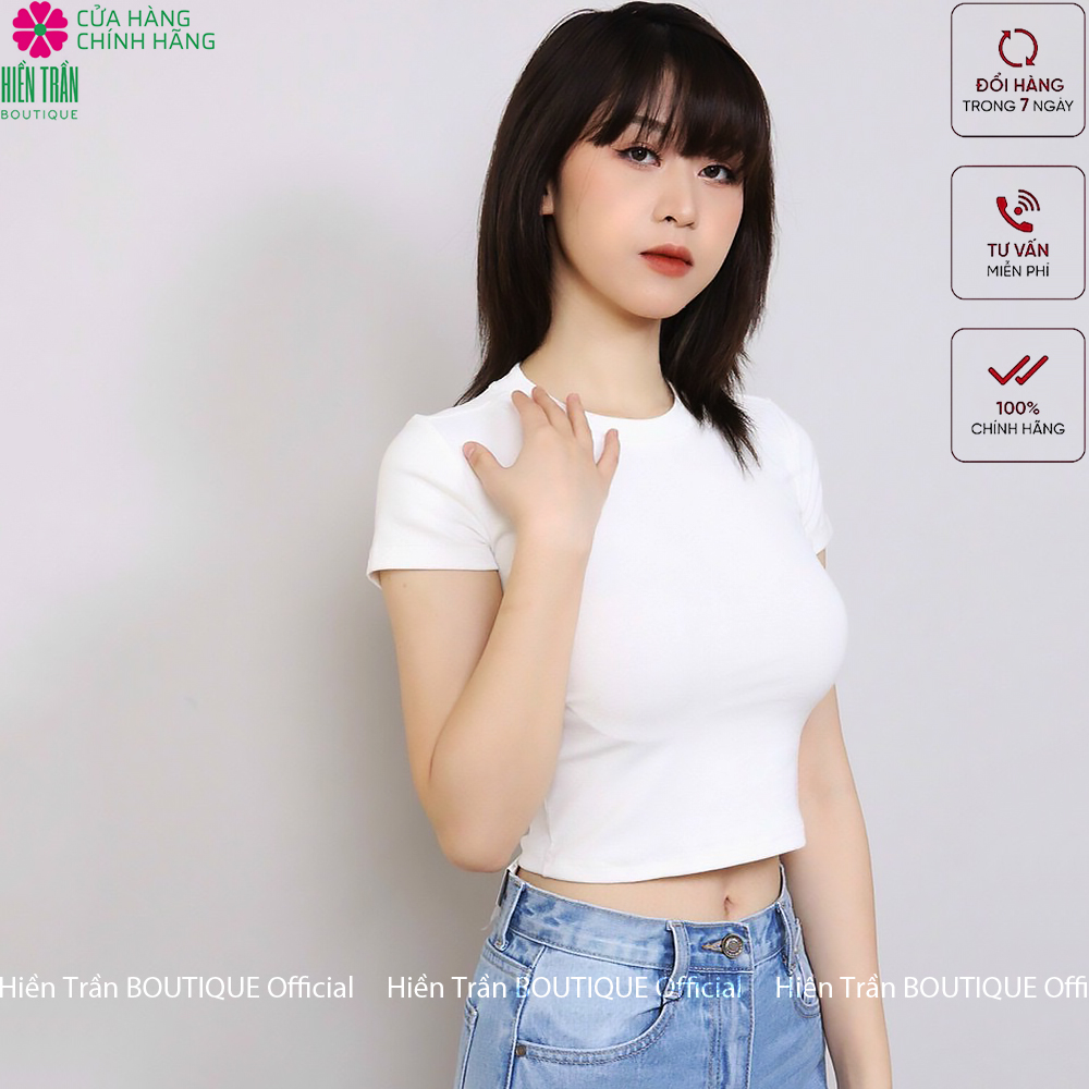 Áo croptop nữ Hiền Trần BOUTIQUE cổ tròn cộc tay vải thun ôm body crotop nữ cotton co giãn tốt nhiều màu