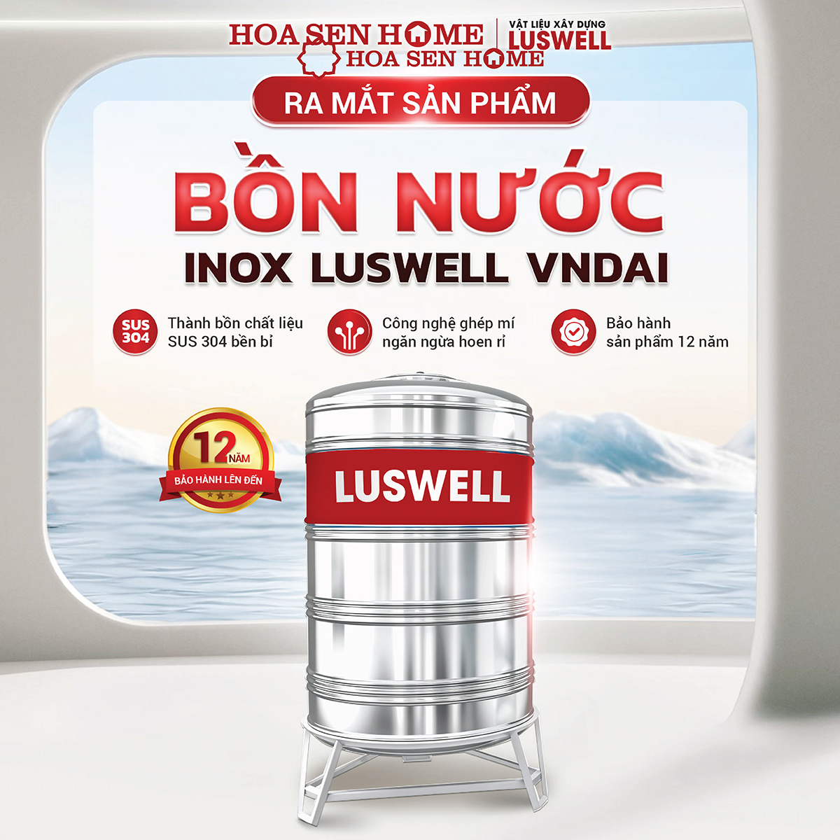 Bộ bồn nước INOX LUSWELL VNDAI đứng dung tích 4000-5000L, chất liệu Inox SUS 304 bền bỉ, công nghệ ghép mí chống rò rỉ - Hoa Sen Home - Hàng chính hãng - MIỄN PHÍ VẬN CHUYỂN