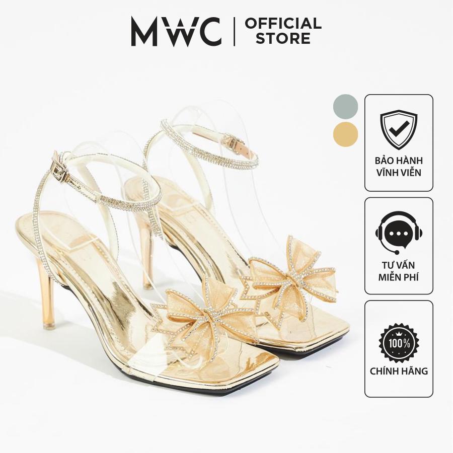 Giày cao gót MWC 4401 - Sandal Cao Gót Quai Trong Đính Nơ Nữ Tính Gót Nhọn 9p Thời Trang