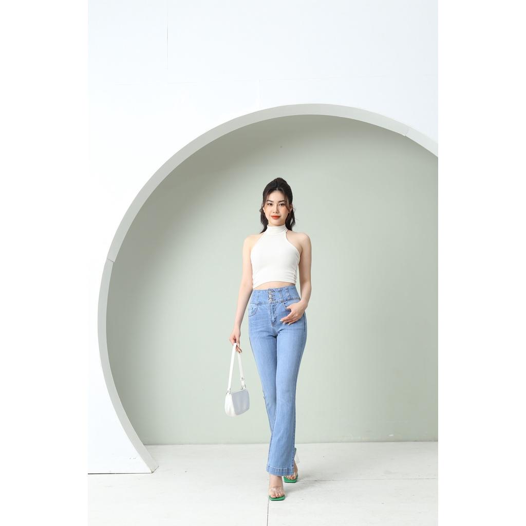 Quần Jean Nữ Ống Loe Lưng Cao 3 Cúc Co Giãn Trơn Dáng Dài Gấu Bản To CT Jeans