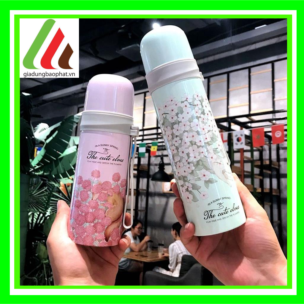 Bình giữ nhiệt the cute elves 500ml inox 2 lớp chân không cách nhiệt in hình dễ thương có dây xách tiện lợi