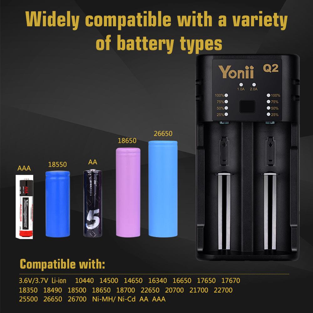 Bộ sạc pin YONII Q2 USB 2 Khe cắm cho 18650 18350 26650 10440 14500 16340 3.7V Li-ion AA AAA NiMH