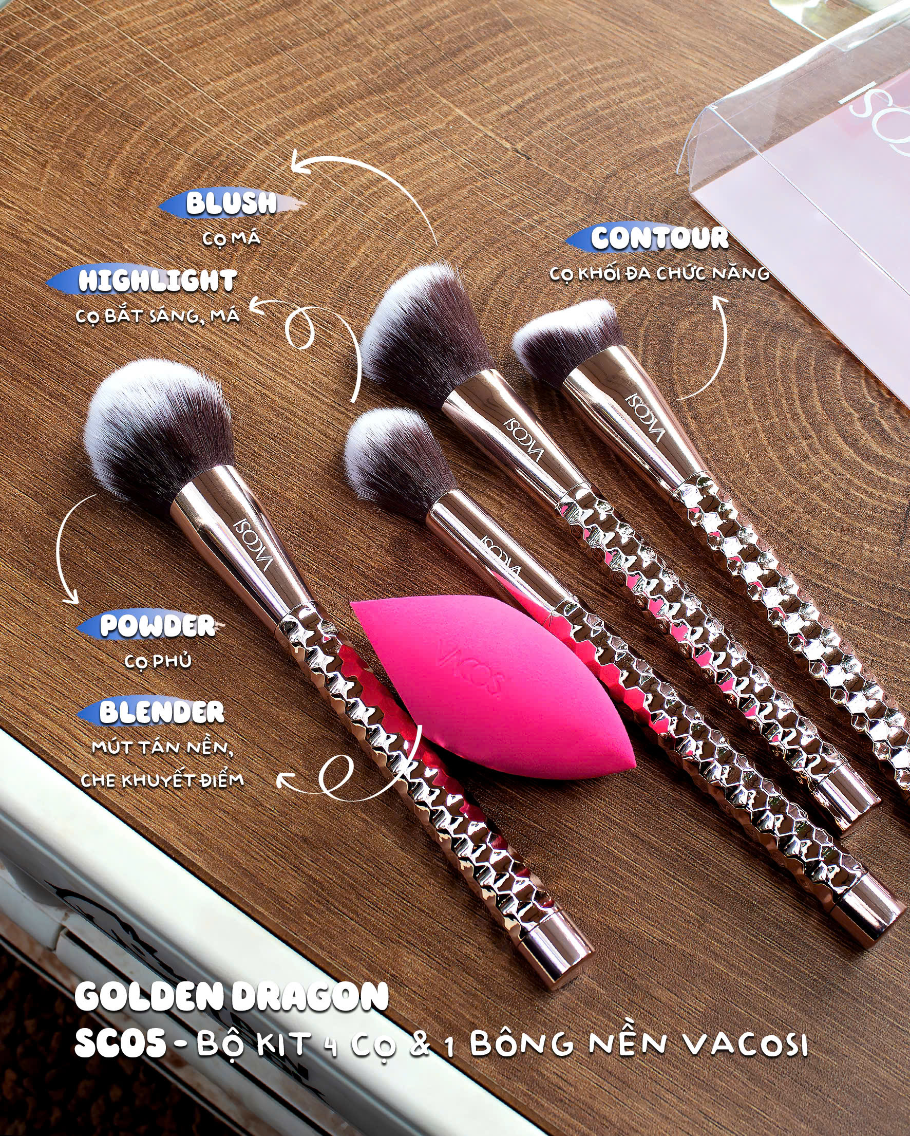 SC05 - BỘ KIT 4 CỌ VÀ 1 BÔNG PHẤN VACOSI, PHIÊN BẢN GOLDEN DRAGON - FURY THE FLAWLESS FACE BRUSH KIT, 5PCS